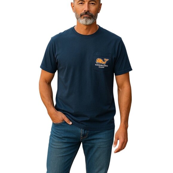 Vineyard Vines Mens Savannah Whale Logo Tee Shirt Navy Blue Size M Coastal Beach - Picture 1 of 13
